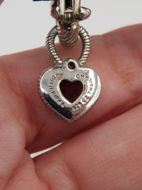 Judith Ripka Sterling Silver 925 Red CZ Heart Charm Hoop Earrings - Picture 8 of 9